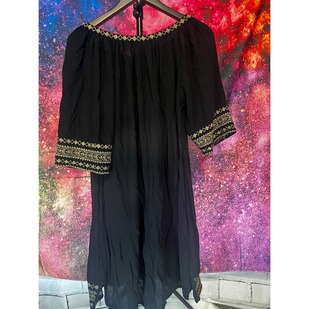 Priya Concepto Indu Black Gold Embroidered Boho Peasant Tunic Dress Medium - Picture 3 of 4